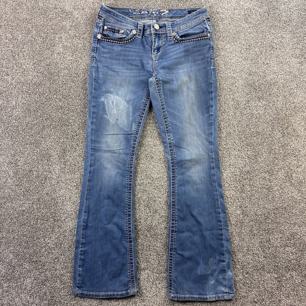 Seven7 Bootcut Jeans Women's 6 Blue Embellished Rhinestone Low Rise White Stitch